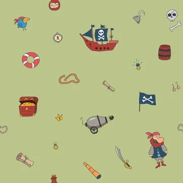 Cute Pirate elements Seamless Pattern. Cartoon items Pirate and objects. ba.. Stock Illustration