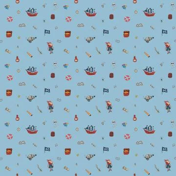 Cute Pirate elements Seamless Pattern. Cartoon items Pirate and objects. ba.. 库存插图