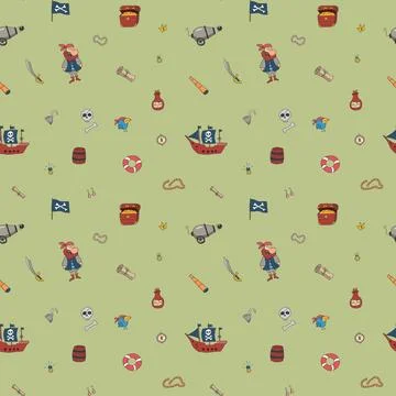 Cute Pirate elements Seamless Pattern. Cartoon items Pirate and objects. ba.. Illustrazione stock