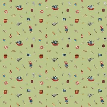 Cute Pirate elements Seamless Pattern. Cartoon items Pirate and objects. ba.. Stock Illustration