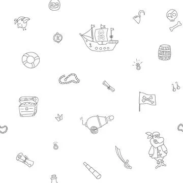 Cute Pirate elements Seamless Pattern. Cartoon items Pirate and objects. ba.. イラスト素材