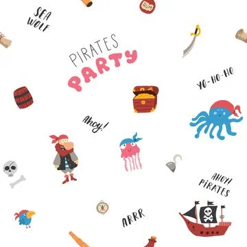 Cute Pirate elements Seamless Pattern. Cartoon items Pirate and objects. ba.. 库存插图