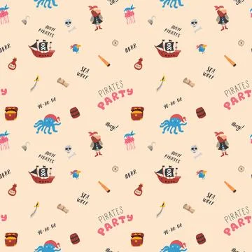 Cute Pirate elements Seamless Pattern. Cartoon items Pirate and objects. ba.. Stock Illustration