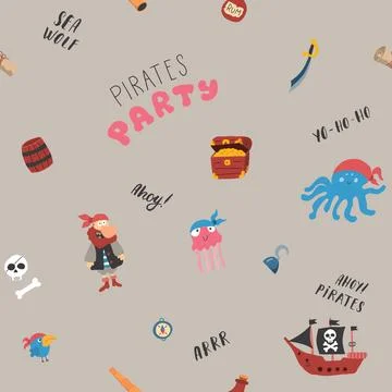 Cute Pirate elements Seamless Pattern. Cartoon items Pirate and objects. ba.. Illustrazione stock