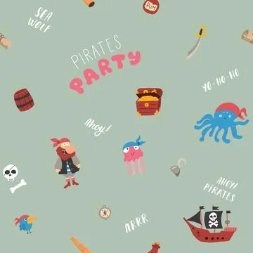 Cute Pirate elements Seamless Pattern. Cartoon items Pirate and objects. ba.. Illustrazione stock