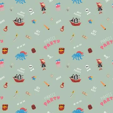 Cute Pirate elements Seamless Pattern. Cartoon items Pirate and objects. ba.. Illustrazione stock