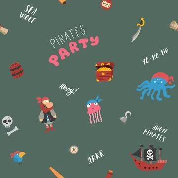 Cute Pirate elements Seamless Pattern. Cartoon items Pirate and objects. ba.. Stock Illustration