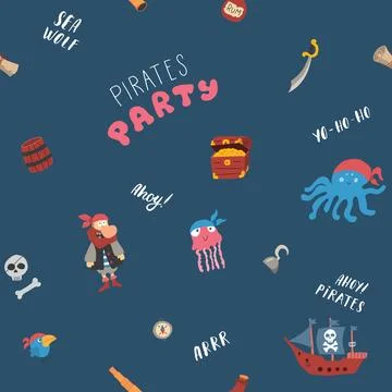 Cute Pirate elements Seamless Pattern. Cartoon items Pirate and objects. ba.. イラスト素材