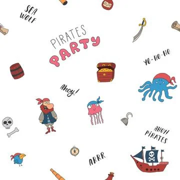 Cute Pirate elements Seamless Pattern. Cartoon items Pirate and objects. ba.. イラスト素材