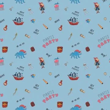 Cute Pirate elements Seamless Pattern. Cartoon items Pirate and objects. ba.. Stock Illustration