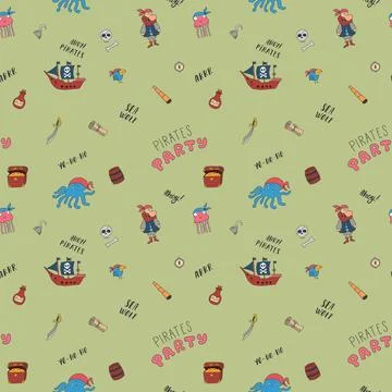 Cute Pirate elements Seamless Pattern. Cartoon items Pirate and objects. ba.. Stock Illustration