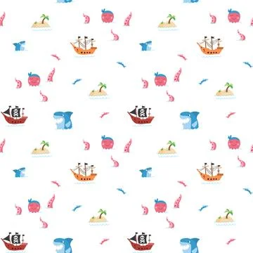 Cute Pirate elements Seamless Pattern. Cartoon items Pirate and objects. ba.. 库存插图