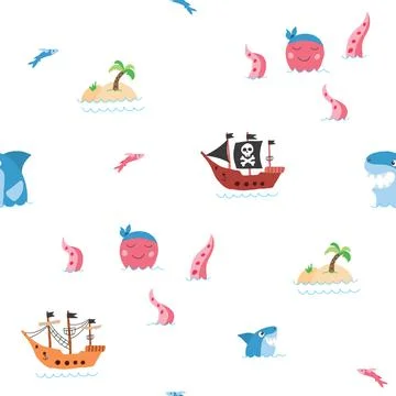 Cute Pirate elements Seamless Pattern. Cartoon items Pirate and objects. ba.. Stock Illustration