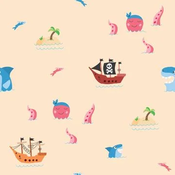 Cute Pirate elements Seamless Pattern. Cartoon items Pirate and objects. ba.. Illustrazione stock