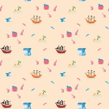 Cute Pirate elements Seamless Pattern. Cartoon items Pirate and objects. ba.. Stock Illustration
