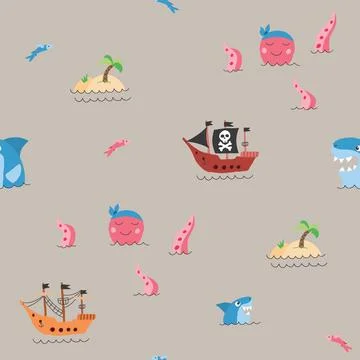 Cute Pirate elements Seamless Pattern. Cartoon items Pirate and objects. ba.. Illustrazione stock