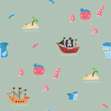 Cute Pirate elements Seamless Pattern. Cartoon items Pirate and objects. ba.. 스톡 일러스트