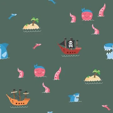 Cute Pirate elements Seamless Pattern. Cartoon items Pirate and objects. ba.. 스톡 일러스트