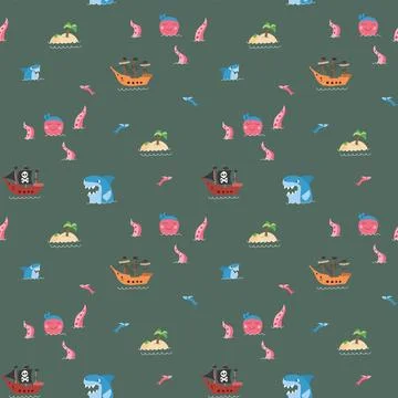 Cute Pirate elements Seamless Pattern. Cartoon items Pirate and objects. ba.. イラスト素材