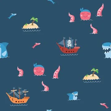 Cute Pirate elements Seamless Pattern. Cartoon items Pirate and objects. ba.. Stock Illustration