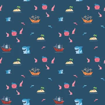 Cute Pirate elements Seamless Pattern. Cartoon items Pirate and objects. ba.. イラスト素材