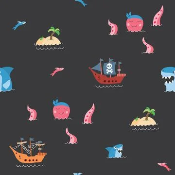 Cute Pirate elements Seamless Pattern. Cartoon items Pirate and objects. ba.. イラスト素材