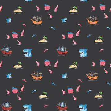 Cute Pirate elements Seamless Pattern. Cartoon items Pirate and objects. ba.. Illustrazione stock
