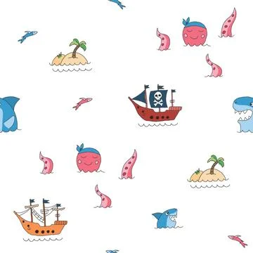 Cute Pirate elements Seamless Pattern. Cartoon items Pirate and objects. ba.. Illustrazione stock