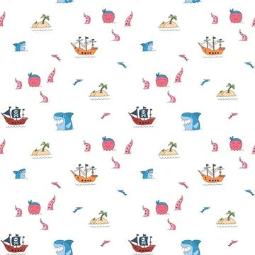 Cute Pirate elements Seamless Pattern. Cartoon items Pirate and objects. ba.. Stock Illustration