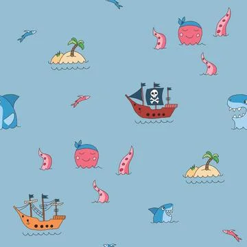 Cute Pirate elements Seamless Pattern. Cartoon items Pirate and objects. ba.. Illustrazione stock