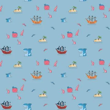 Cute Pirate elements Seamless Pattern. Cartoon items Pirate and objects. ba.. 库存插图