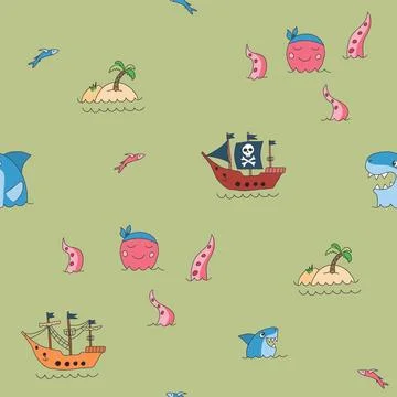 Cute Pirate elements Seamless Pattern. Cartoon items Pirate and objects. ba.. 스톡 일러스트