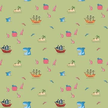 Cute Pirate elements Seamless Pattern. Cartoon items Pirate and objects. ba.. 库存插图