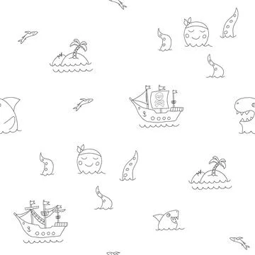 Cute Pirate elements Seamless Pattern. Cartoon items Pirate and objects. back Illustrazione stock