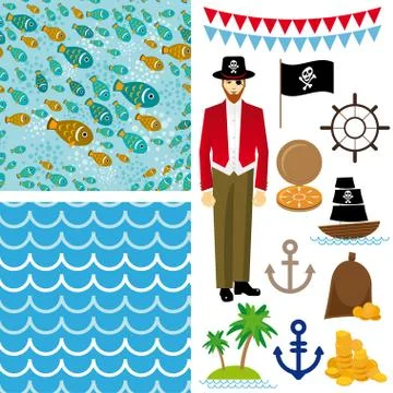 Cute pirate objects collection. seamless background. Stock Illustration
