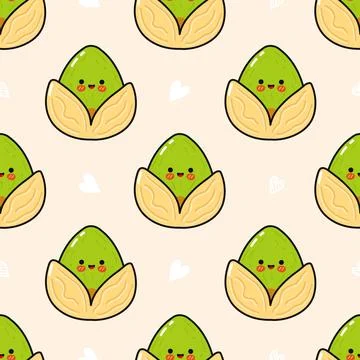 Cute pistachio character seamless pattern with hearts Illustrazione stock