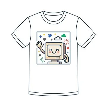 Cute pixel art computer character waving graphic t shirt with t shirt, comput Stock Illustration