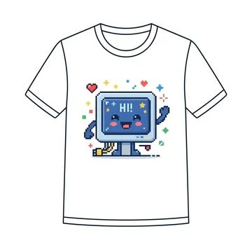 Cute pixel art computer character t shirt design with computer, character Stock Illustration