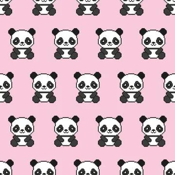 Cute pixel art panda bear seamless pattern on pink background. Stock Illustration