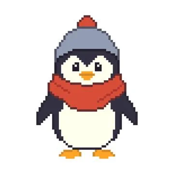 Cute pixel art penguin in 8-bit style on white background. Stock Illustration