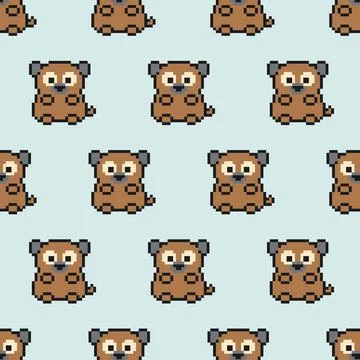 Cute pixel brown dog pattern on light blue background. 8 bit cartoon animals Stock Illustration