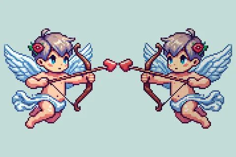Cute pixel cupid flying with a bow and arrow during a festive event on a li.. Stock Illustration