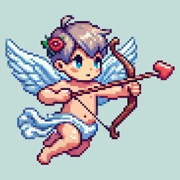 Cute pixel cupid flying with a bow and arrow during a festive event on a ligh Stock Illustration
