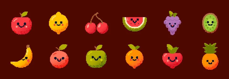Cute pixel fruit set apple lemon cherry. Pixel character fruit watermelon kiwi イラスト素材