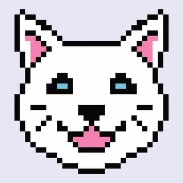 Cute pixel white cat head. Animal 8 bit icon. Kitten with blue eyes. Stock Illustration
