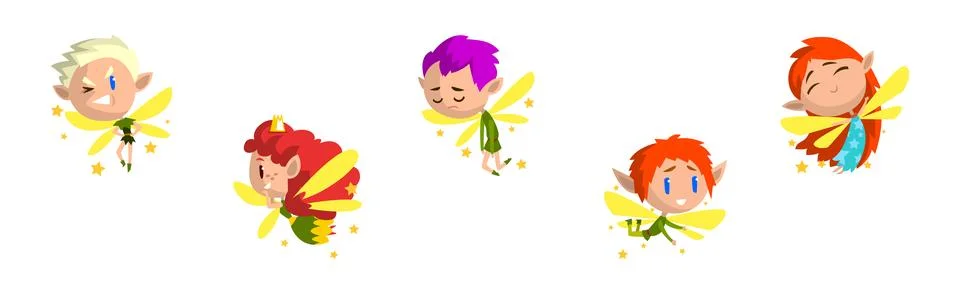 Cute Pixie Magical Creature Flying with Wings Vector Set Stock Illustration
