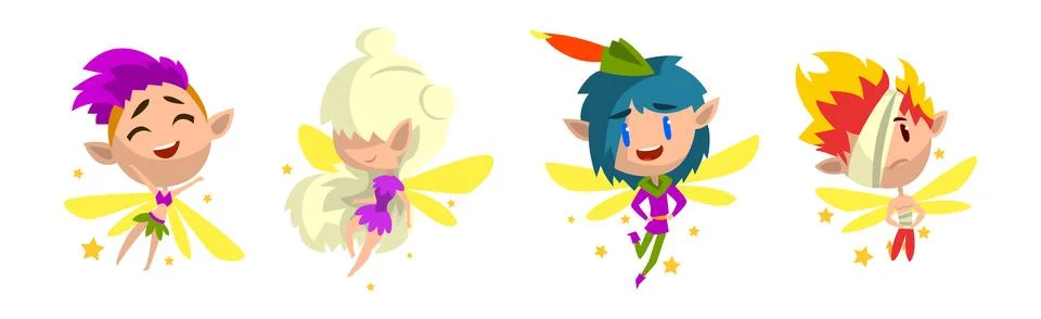 Cute Pixie Magical Creature Flying with Wings Vector Set 스톡 일러스트