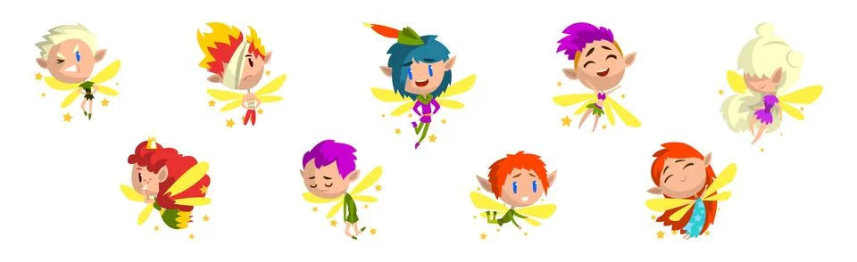 Cute Pixie Magical Creature Flying with Wings Vector Set 스톡 일러스트