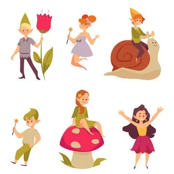 Cute pixie magical creatures on snail and mushroom, cartoon flat vector Stock Illustration