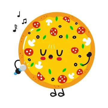 Cute pizza character singing with microphone Stock Illustration